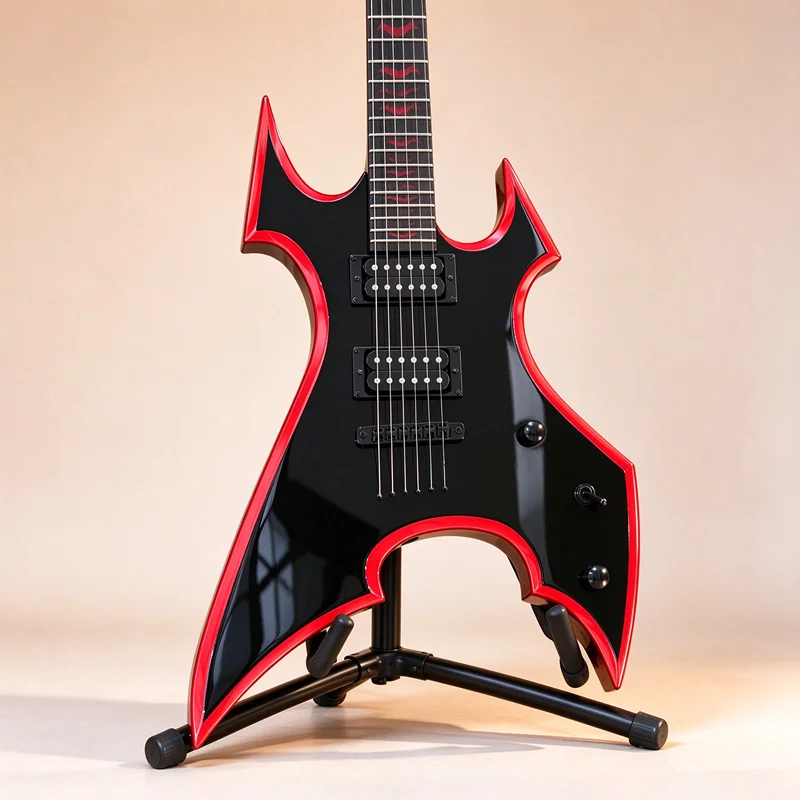 Vicers Black Sharp Shaped Electric Guitar With Red Binding, Basswood Body Dual Humbucker Pickups, 6 String Gloss Finish For Heavy Metal Hard Rock Performance