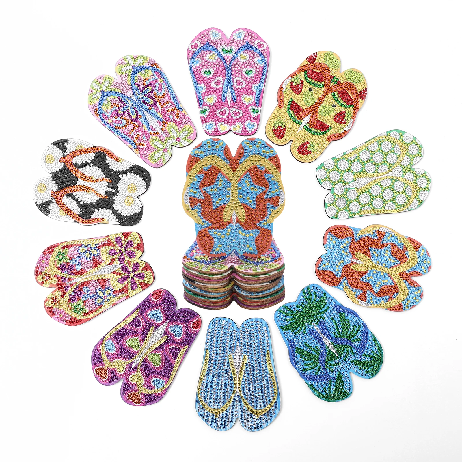 10 DIY cartoon slipper pattern diamond painting coaster sets, non-shelf anti-slip wooden coasters, living room, kitchen