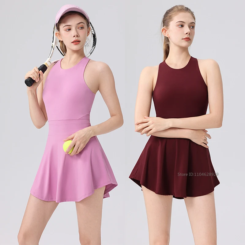 Women Tennis Dresses Golf Skirts Quick-drying Elastic Running Badminton Dresses with Shorts Female Athletic Workout Sports Skirt
