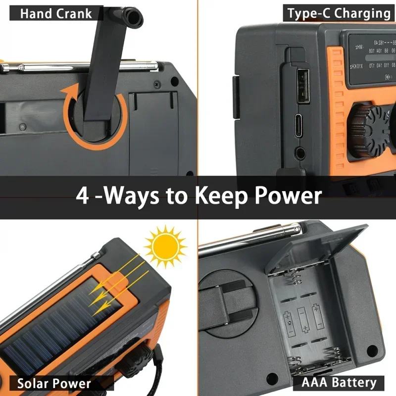 Solar USB Charging FM Radio AM WB NOAA Radio Weather Emergency Power Bank 5000mA Hand Crank Multifunctional Radio LED Flashlight