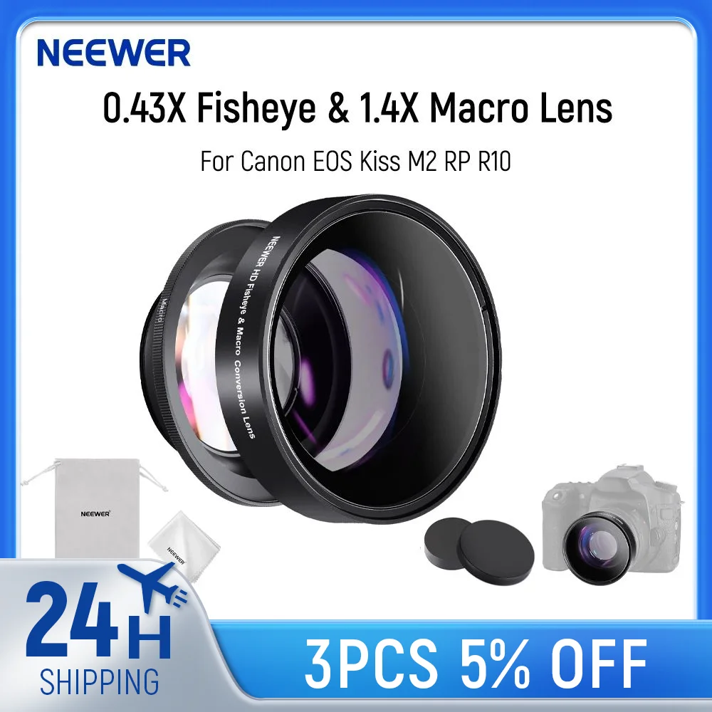 NEEWER 49mm 0.43X Fisheye & 1.4X Macro Lens 18mm Focus Compatible with Canon EOS Sony ZV-E10 Nikon Z50 Series Camera