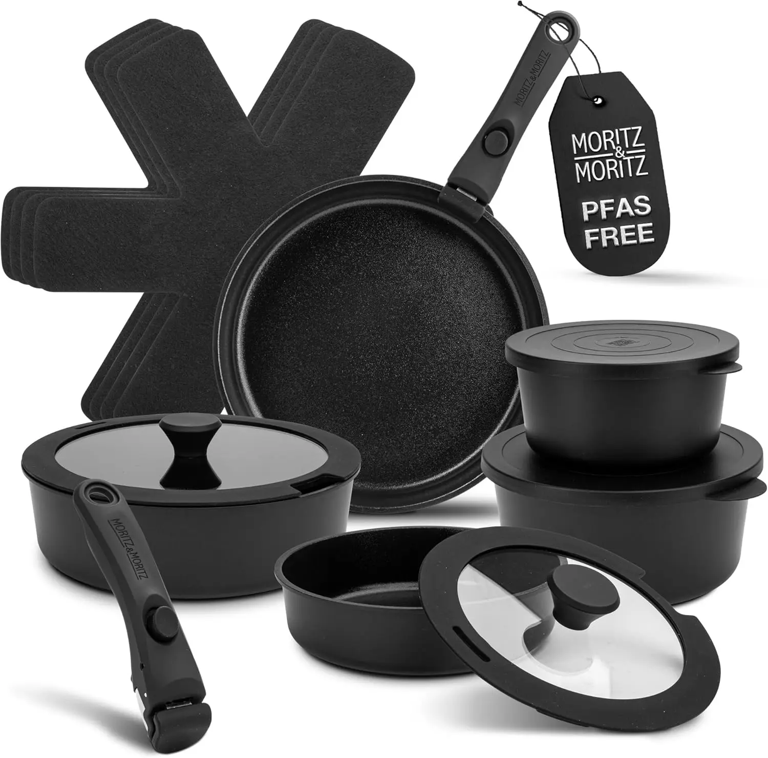 

15-Piece Cast Aluminum Nonstick Cookware Set | Stackable Pots & Pans with Removable Handles, Granite Coating, Induction Compatib