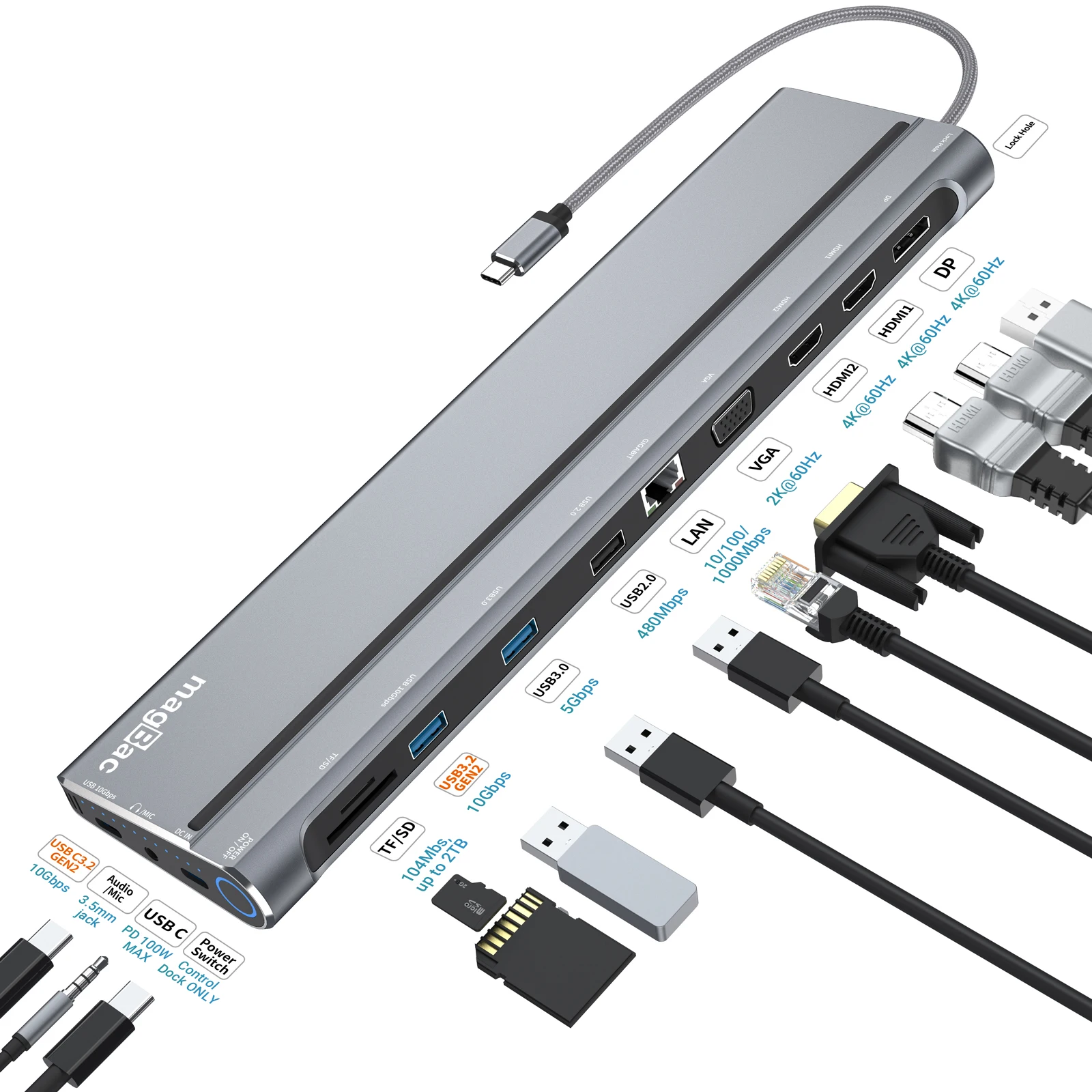 USB C Multiport Docking Station Dual HDMI Quadruple display with DP 4K@60Hz,VGA,Ehernet RJ45 ,SD TF Card Reader ,100W PD