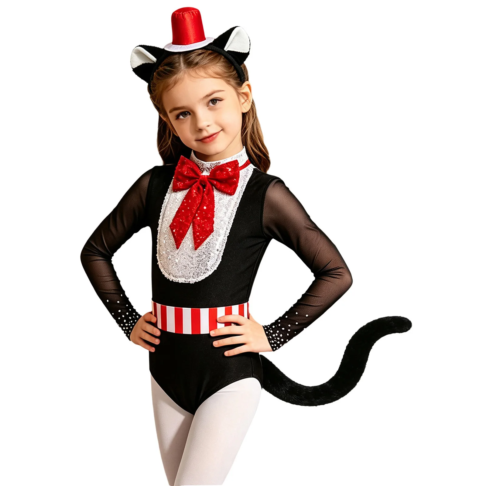 Maillot de Ballet de Manga Larga con Lazo, Lentejuelas y Malla, Traje de Gimnasia con Diadema y Cola Falsa, Disfraz de Bailarina