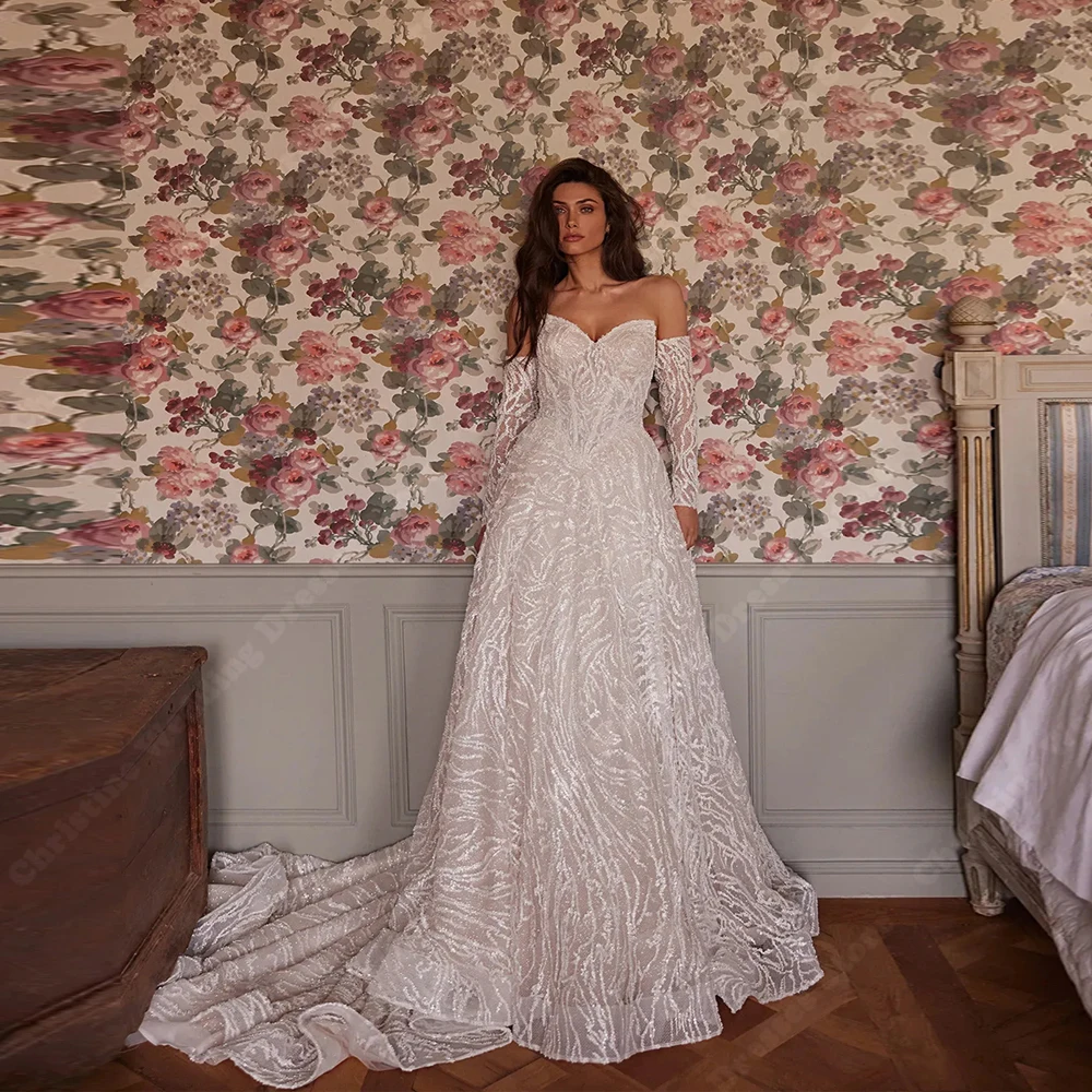 Sweetheart Collar Wedding Dresses Elegant Lace Print Long Sleeves Bride Gown Princess Banquet Vestidos De Novias 2026 Customized