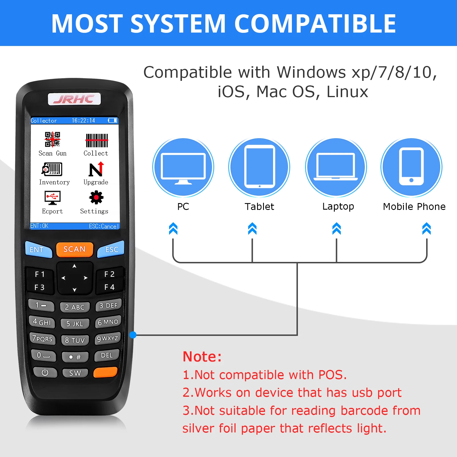 Jooytec-Scanner de codes-barres laser 1D, sans fil, portable, collecteur de données, terminal pour stock yadwarehouse