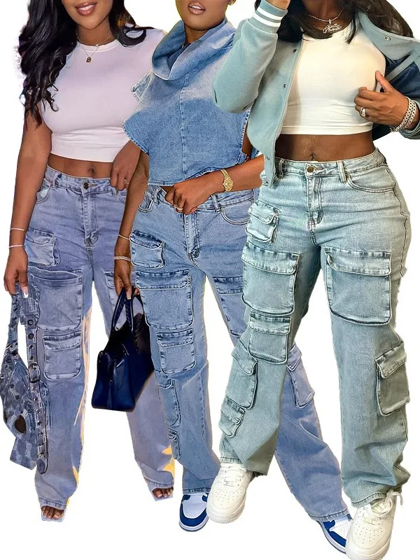 2024 nova chegada moda baggy calças de carga feminina cintura alta azul multi bolsos senhoras jean calças