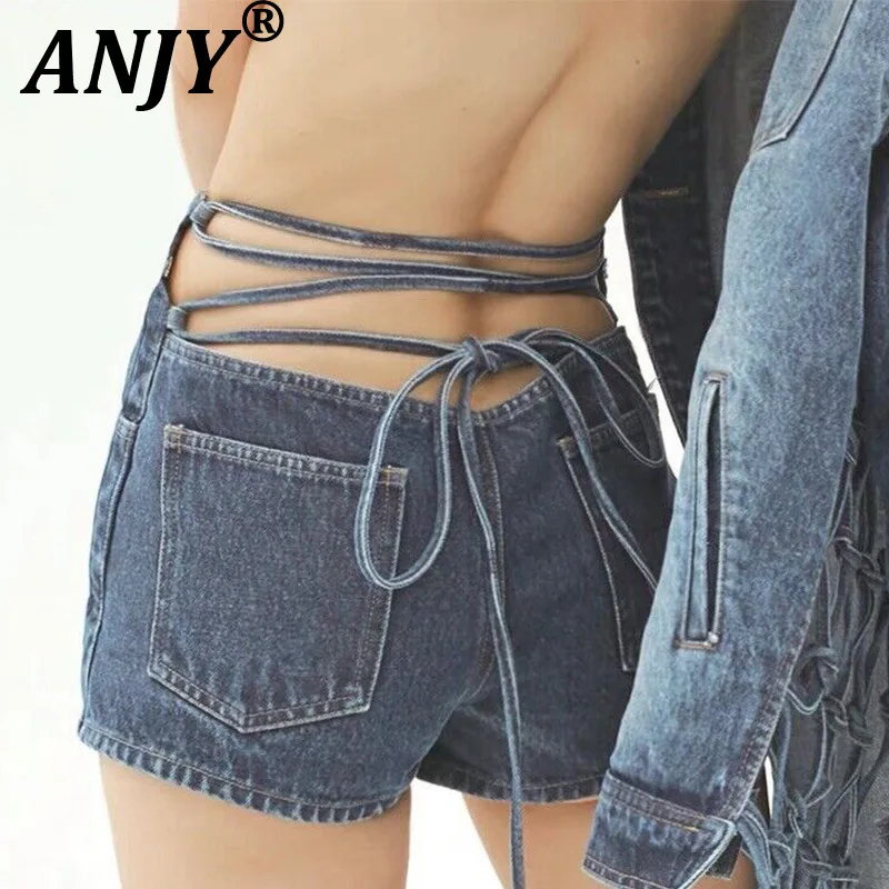 

ANJY Summer New Women Chic Streetwear Sexy Denim Hot Pants Fashion Ins Trendy High Waist Pocket Back Hollow Out Tie Shorts A7694