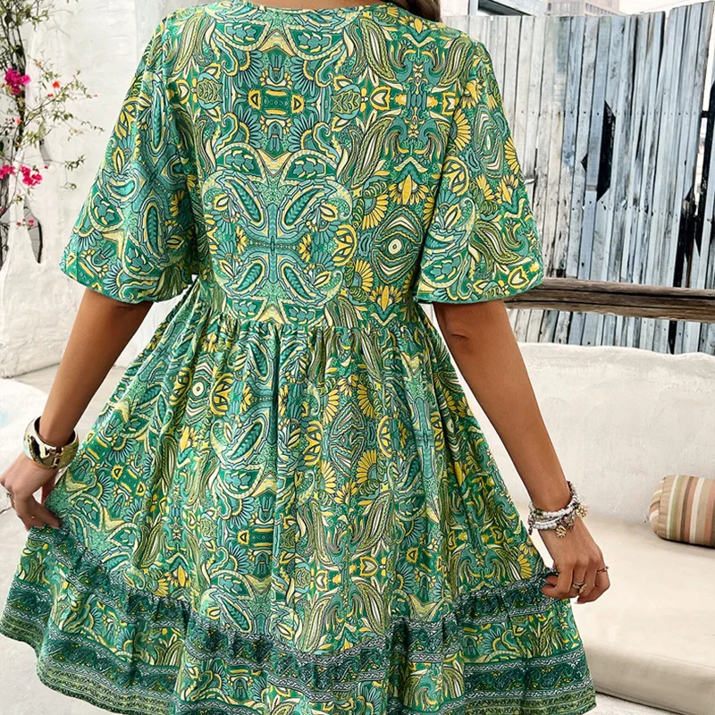 Vintage Boho Floral Print Women's Summer Mini Dress Casual Short Sleeve V-Neck Beach Sundress Holiday Bohemian Party Dresses