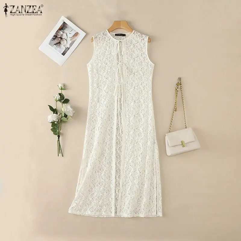 

ZANZEA Women Lace Cardigan Summer Sleeveless Fashion Long Tops Party Blouses Lace-up Blusas Streetwear Solid Tee Oversize 3XL