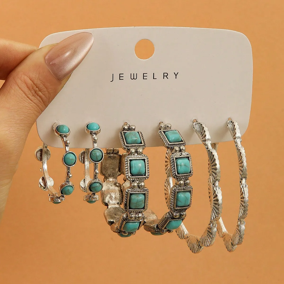 

Набор из 3 пар серег-колье с бирюзовой инкрустацией, винтажный стиль бохо для женщин, серебряного цвета