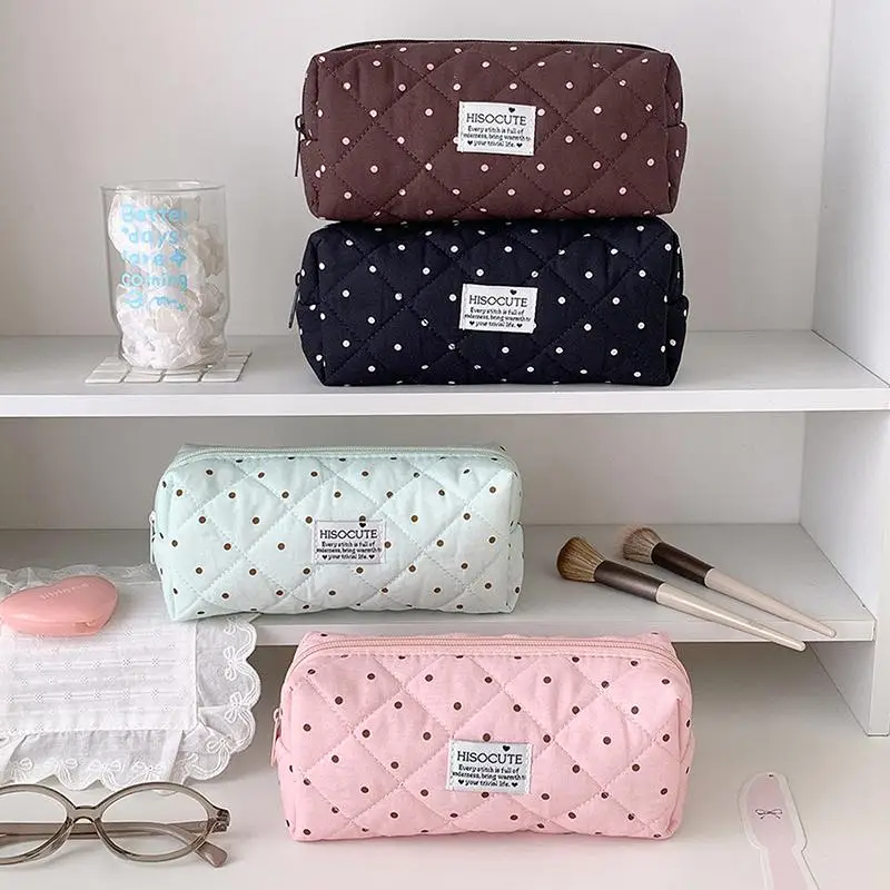Quilted Polka Dot Pencil Case Simple Aesthetic Stationery Pouch Portable Small Storage Bag For Students Back To School Supplies