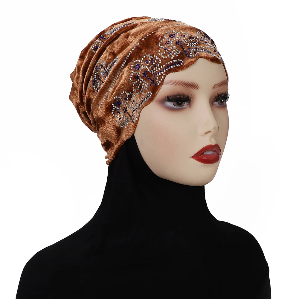 Diamonds Undercap Stretchy Hijab Plain Soft Bonnet Muslim Women Elastic Flannel Inner Hijab Turban Islam Underscarf