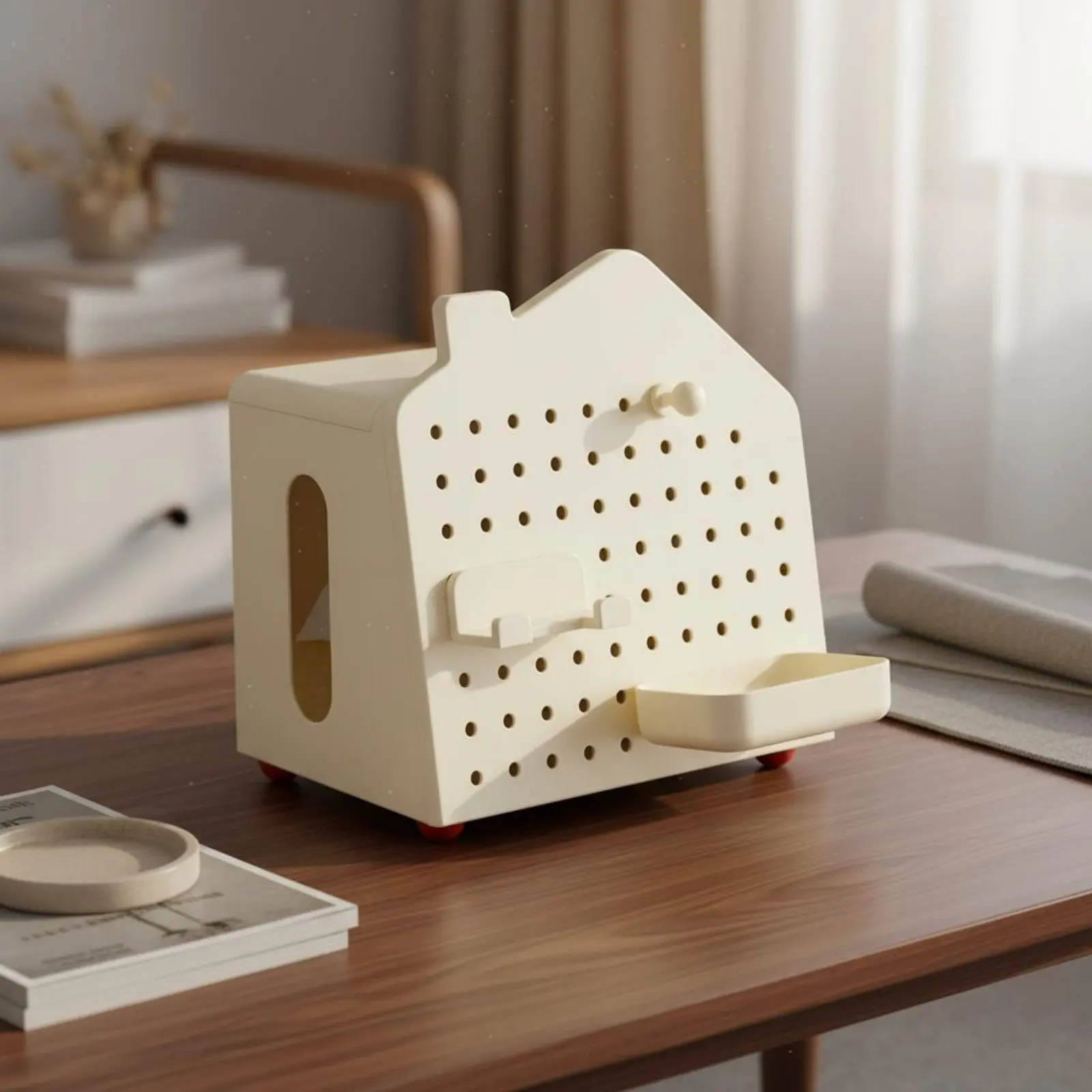 Desktop Holder with Tissue Dispenser Pegboard Storage Box with Phone Stand House Shaped Desk Organizer for Living Room, Bedroom