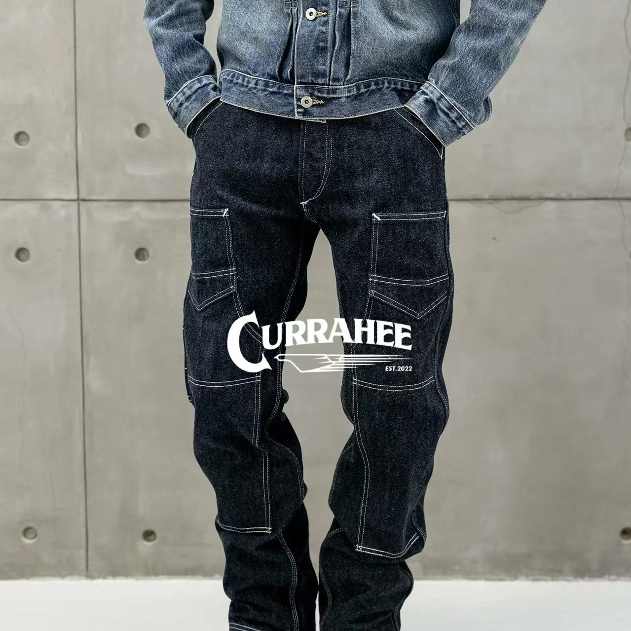 

Currahee Men's Faion Knee Patchwork Design Work Pants Original Jeans Casual Long Trousers Straight Leg Cotton Spring 2026