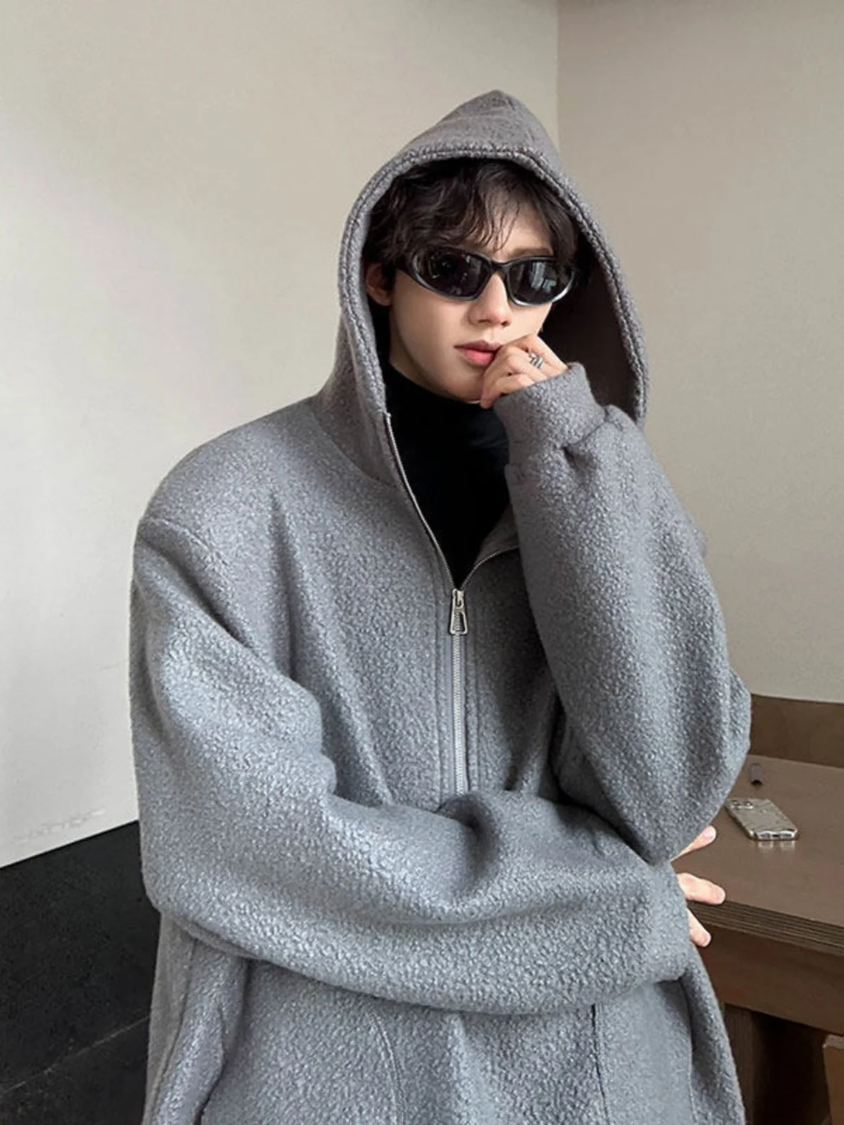 

Cleanfit ey Woolen Men's Jaet Autumn Winter Thiened Hoodie Cardigan American Retro Sle Youth ular Loose Fit Sweats...