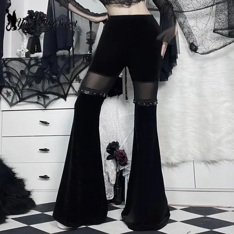 [You\'re My Secret] Vintage Gothic Black Pants for Women Goth Harajuku Hollow Out Lace Patchwork Velvet Flared Pants Bell Bottom