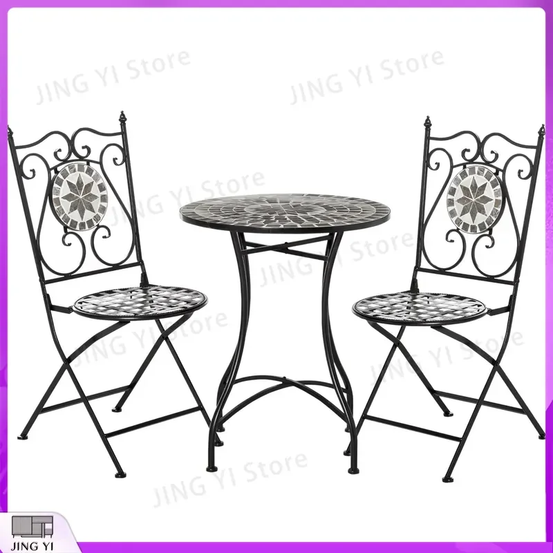 3 Piece Outdoor Bistro Set with Table and 2 Chairs Mosaic Tile Design for Patio Balcony Garden Indoor Use Weather