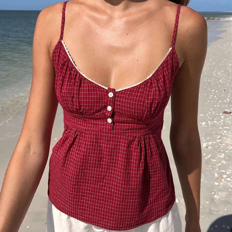 Y2k Crop Tank Top Women Spaghetti Strap Backless Gingham Plaid Sleeveless Lace Trim Low Cut V Neck Camisole Cute Sexy Going Out