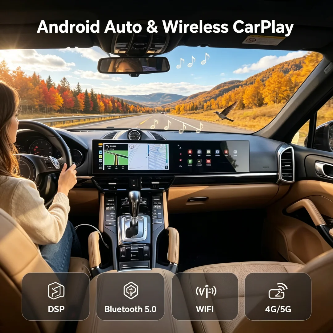 Android 14 CarPlay For Porsche Cayenne 2011-2017 Upgraded Interactive Dual Screen 12.3 Inch+12.3Inch Multimedia Video Player DSP