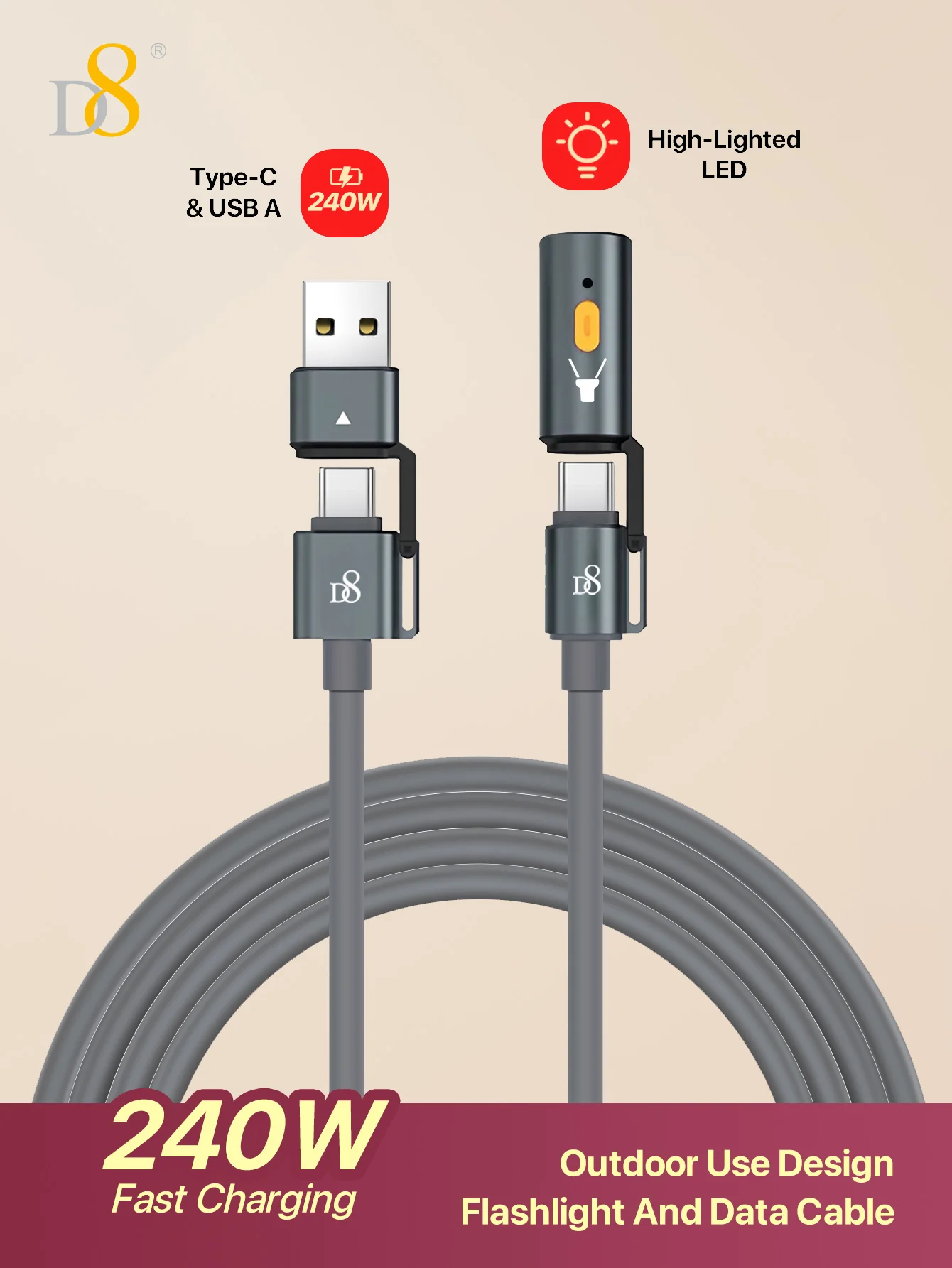 D8 Fast charging flashlight data cable 240W multi-interface USB-A and Type-C compatible with iPhone/ Samsung/smart phones, etc.