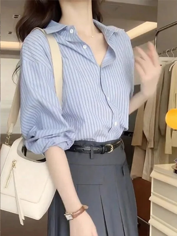 

Blue Striped Casual Shirt Women's Summer Outerwear Sun Protection Top 2026 New Early Spring High-End Feelings Straight Cut