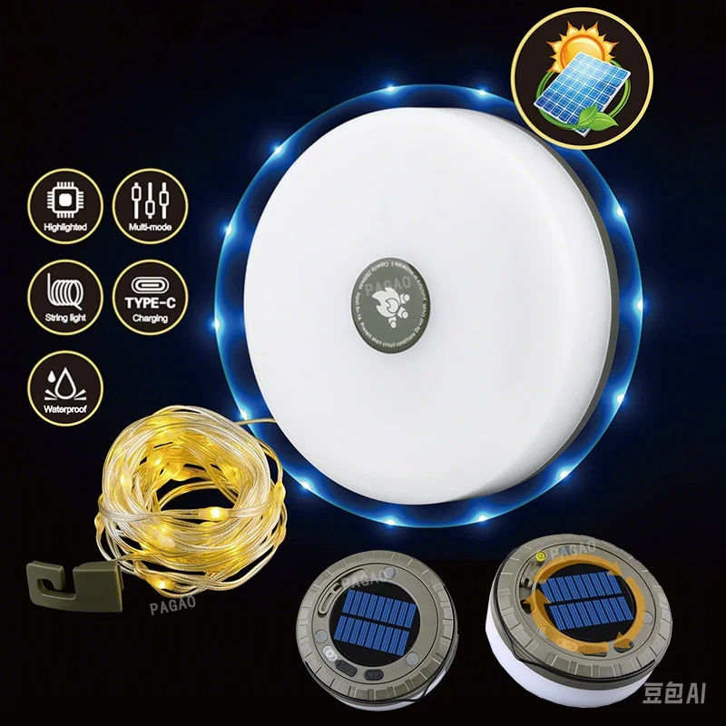 

Солнечные гирлянды для кемпинга, перезаряжаемые 10 м, гирлянды, уличные водонепроницаемые палатки, RGB атмосферный светильник для хранения с крючком