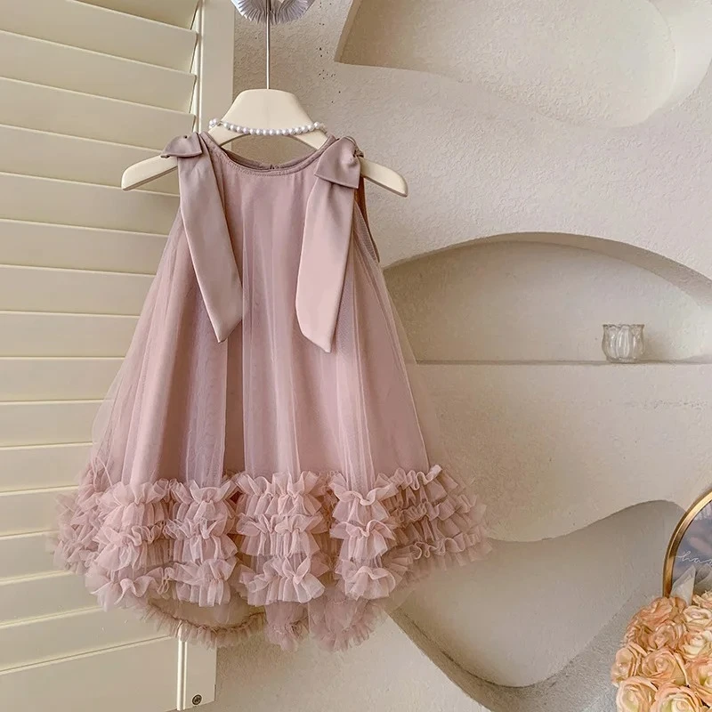 

2025 Summer Korean Style Girls' New Sleeveless Shoulder Bow Mesh Princess Dress Children's Midi Dress Tide