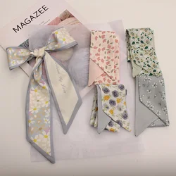 Hair Ribbon Fashion Korean Floral Print Silk Satin Scarf Long Bow Bandana Bag Ponytail Holder Women Girls Head Hair Accessories