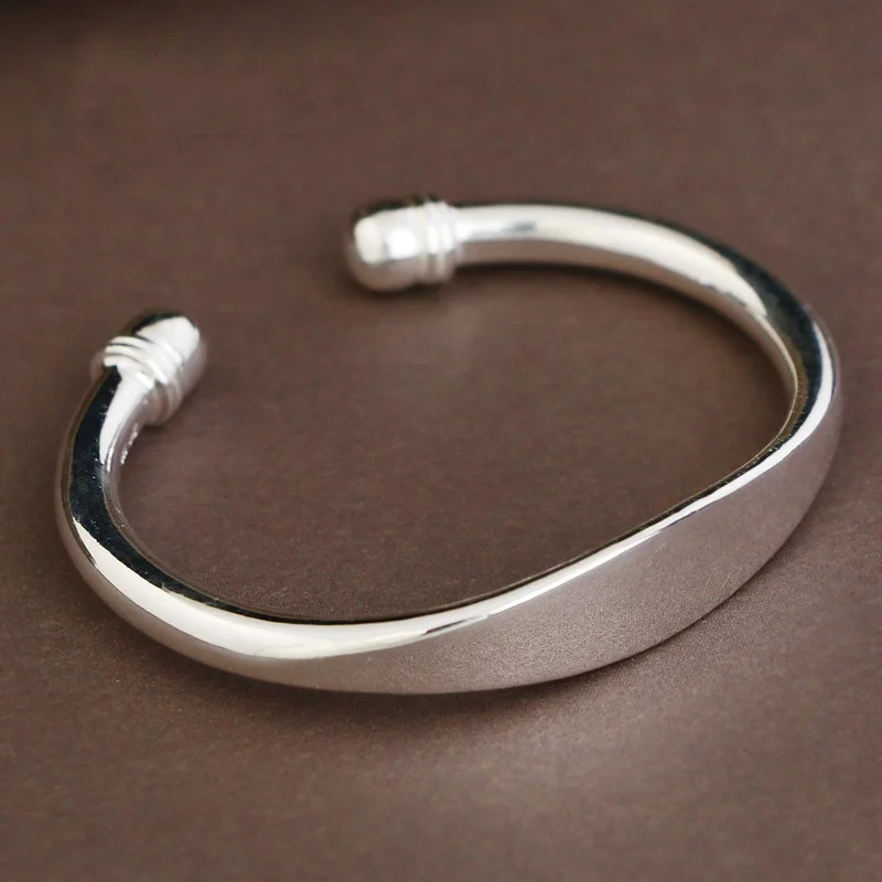 Classic Minimalist Dual Ball Ends Silver Bangle S999 Pure Silver Open Design Polished Smooth Ladies Fine Jewelry