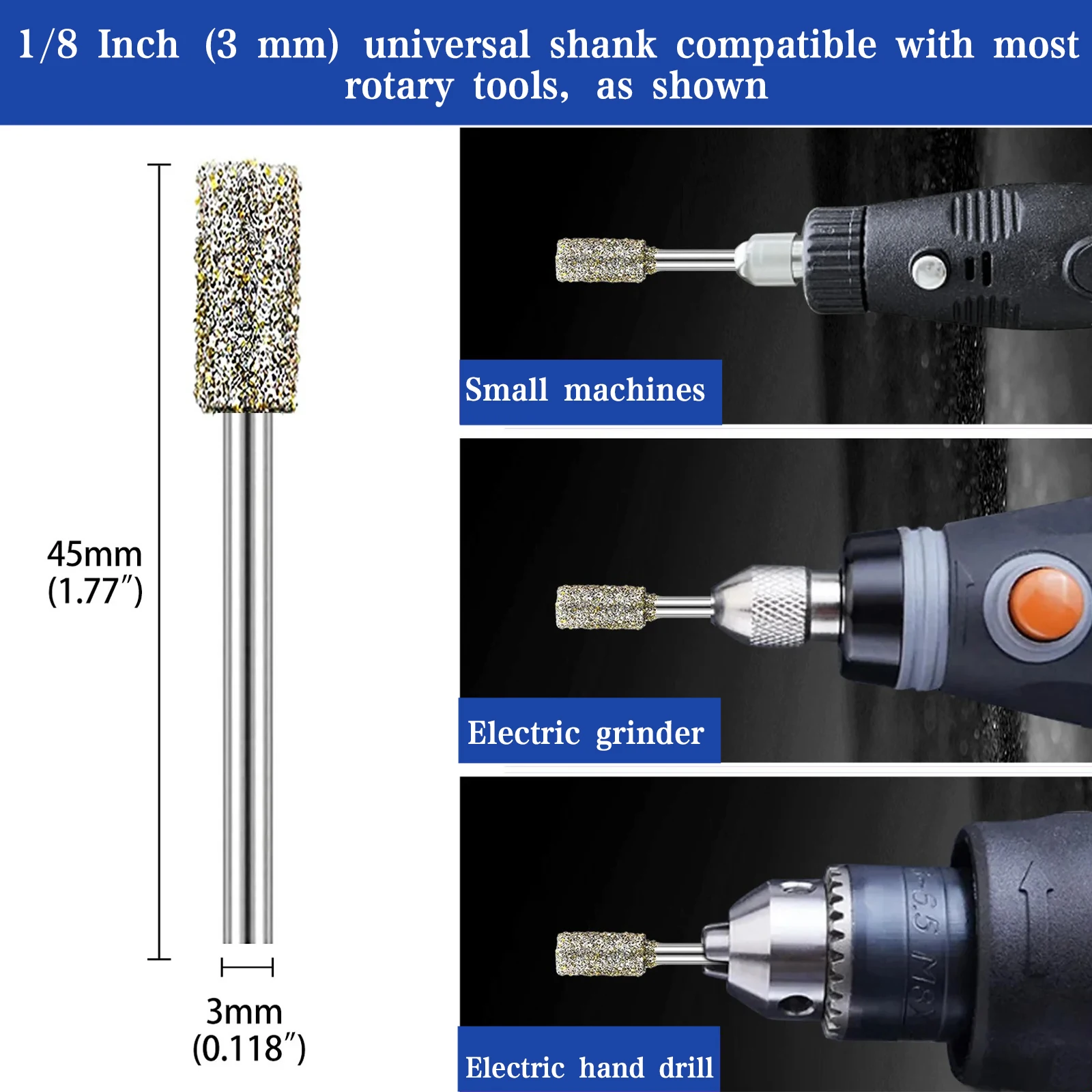 12 Stück Diamant-Schleiffräser, Körnung 46, 1/8" Schaft für Rotationswerkzeuge, zum Schleifen und Schnitzen von Stein, Glas, Keramik und Jade – Detail 3