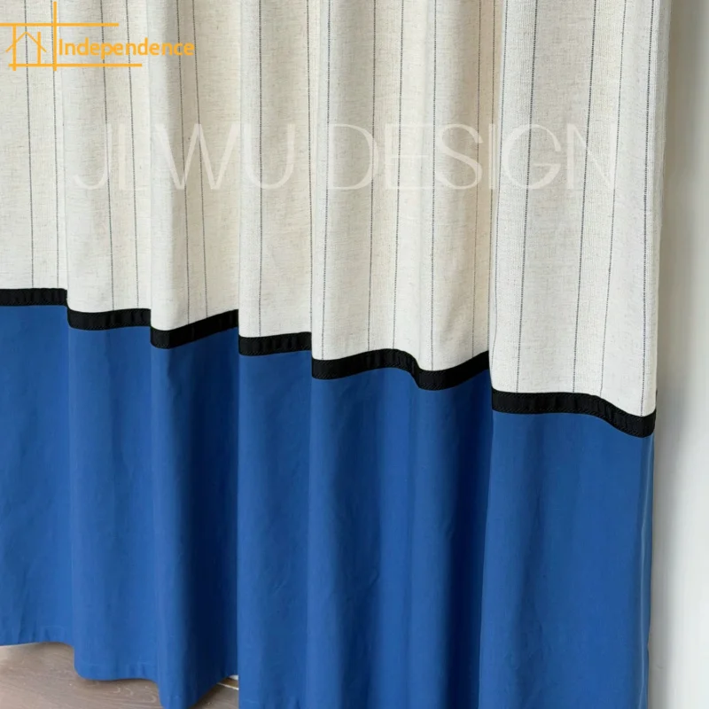 New Vintage Blue Stripe Stitching Thickened Curtains for Living Room Bedroom French Window Customized Finished Partition Curtain