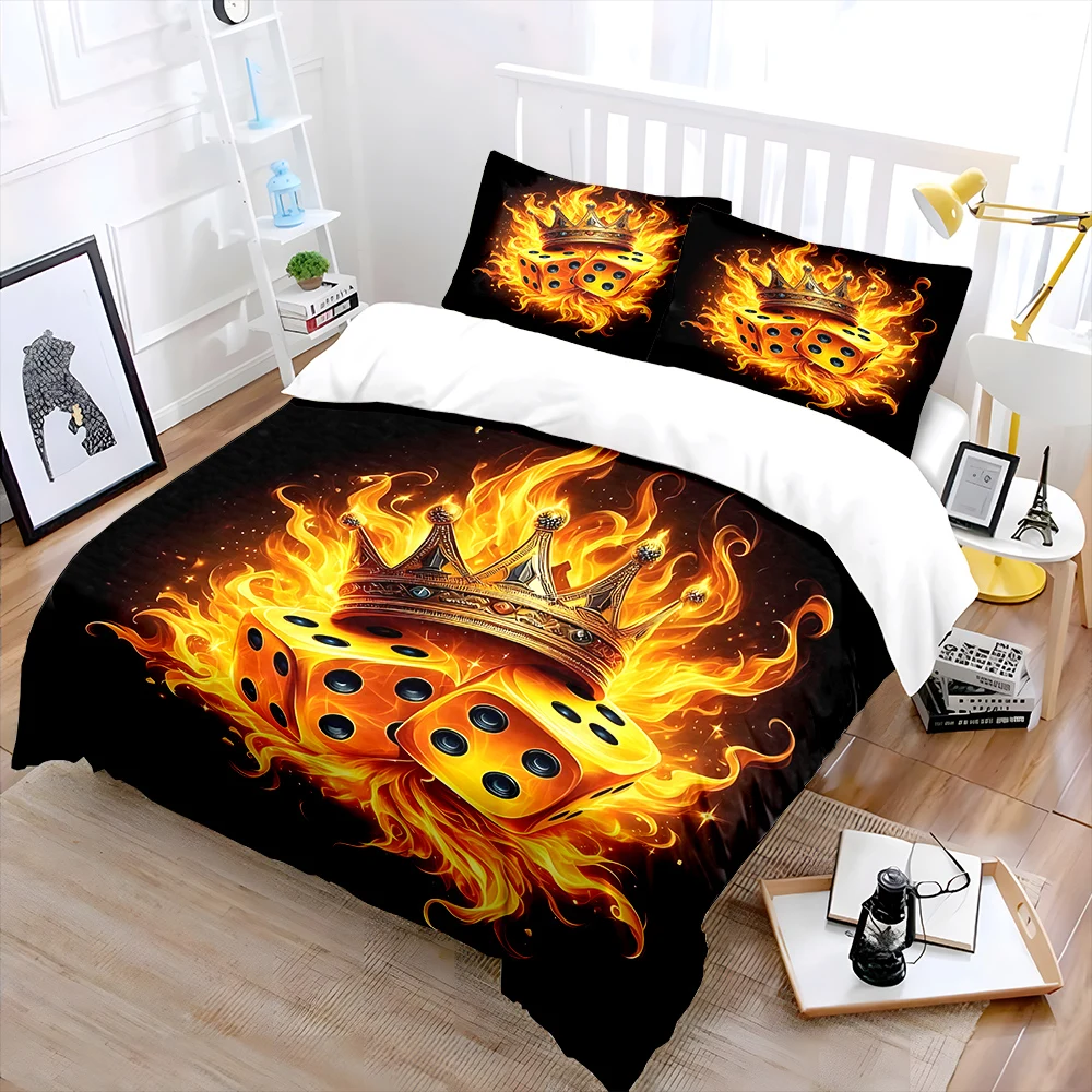 Cool Burning Dice and Crown Bedding Set for Kids Luxury Gift 3pcs Digital Print Comforter Set Soft Comfortable Breathable
