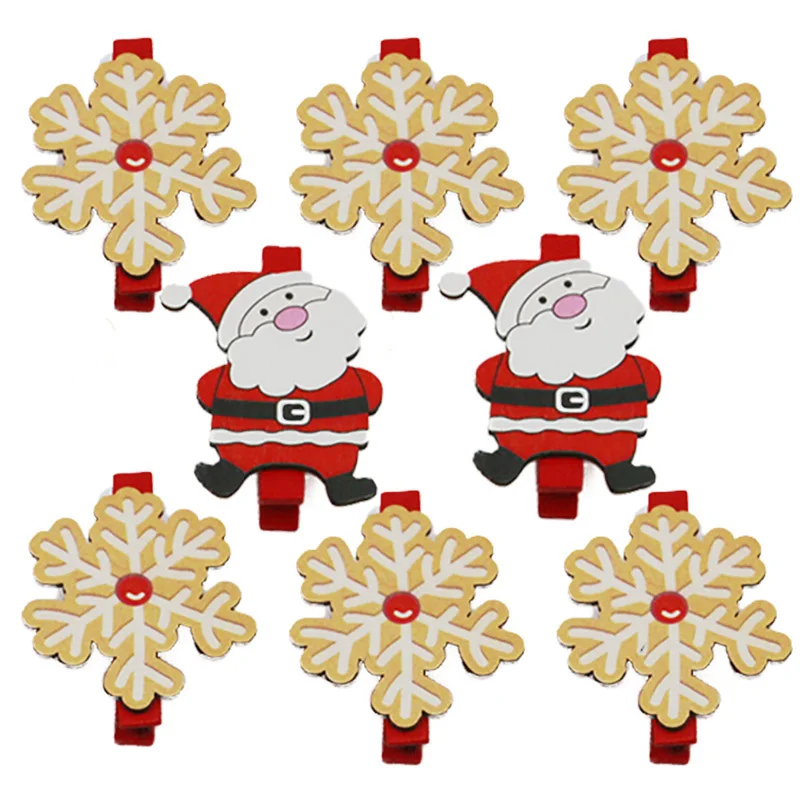 

(6 Pcs/pack)4.5CM Christmas Decoration Wooden Clip Festive New Year Santa Snowflake Clip Hairpin Party Wedding Decoration Diy
