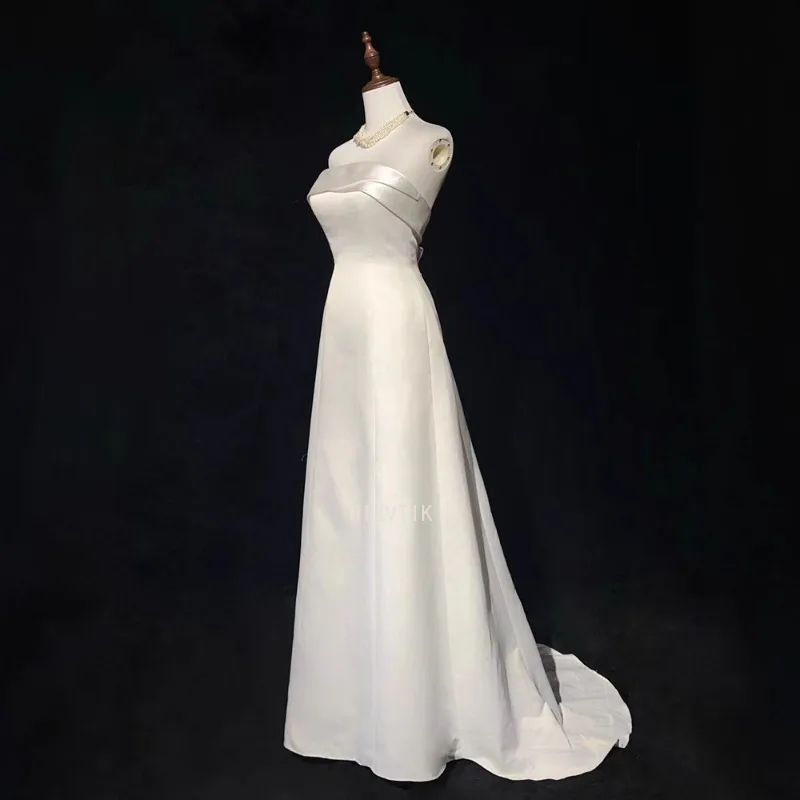 

Luxury White Satin Trailing Wedding Dresses for Bride Women Elegant Simple Korea Sexy Strapless Long Prom Party Dress Vestidos