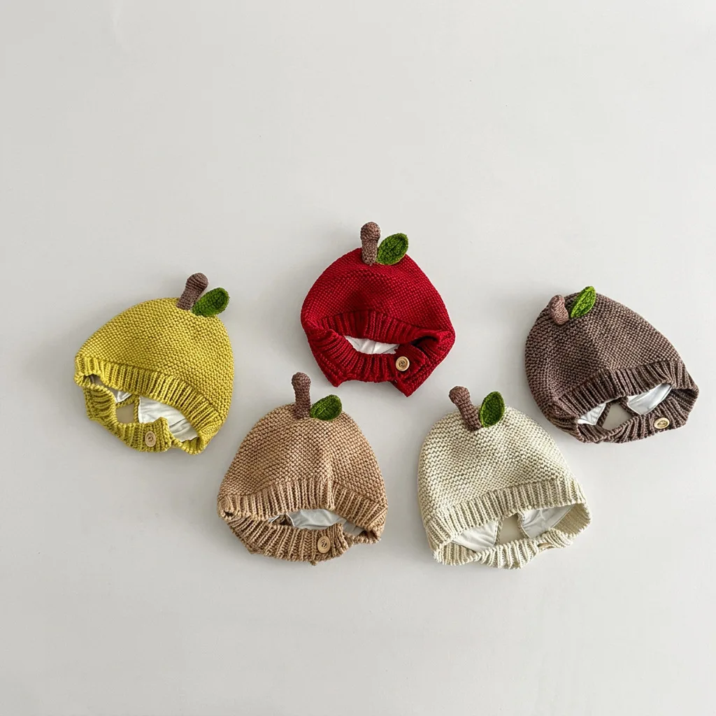 Girls Knit Earflap Hat Acrylic Beanies with Button Straps for Toddler 0-2 Years Kids Leaf Cap Autumn Winter Warm Photo Prop
