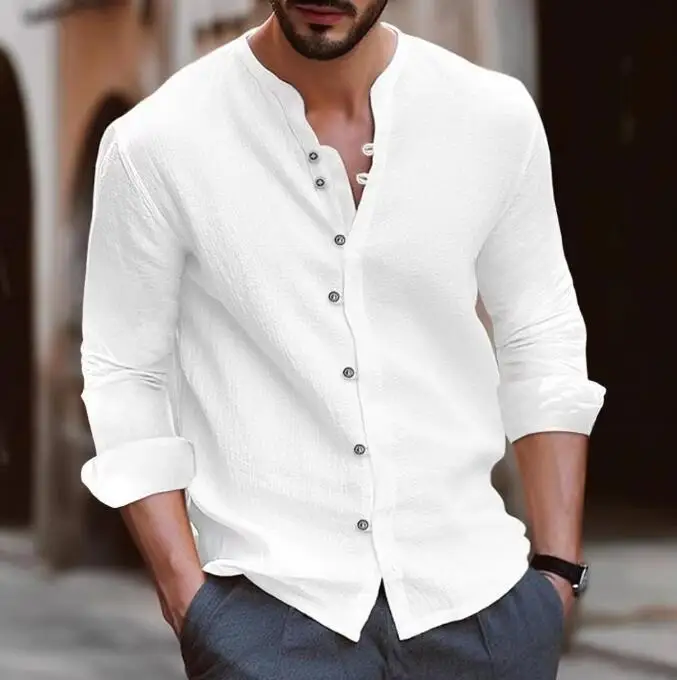 

2025 New Style Autumn Men's Shirt Retro Classic Cotton And Linen Solid Color Stand Collar Casual Loose Cardigan Long-Sleeved Top
