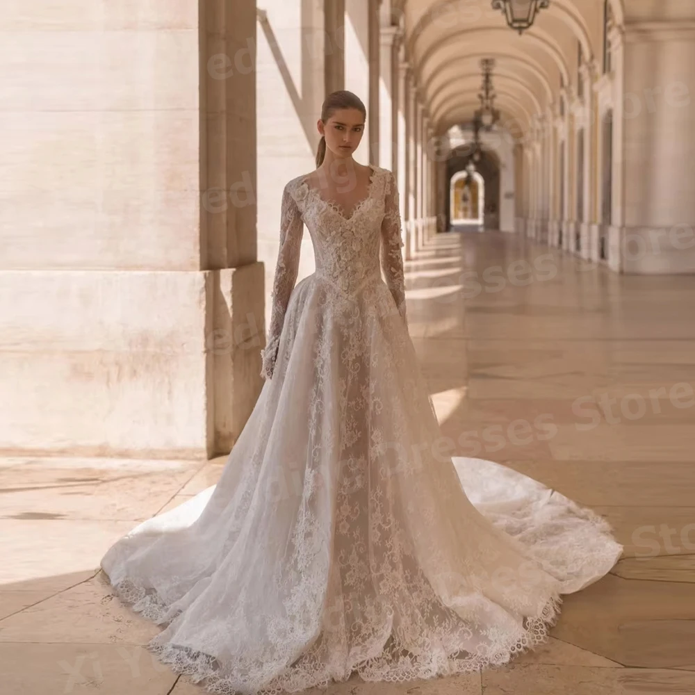 Luxurious A Line Women's Charming V Neck Long Sleeve Lace Wedding Dresses Vestido De Novia Bride Gowns Customized Robe De Mariée