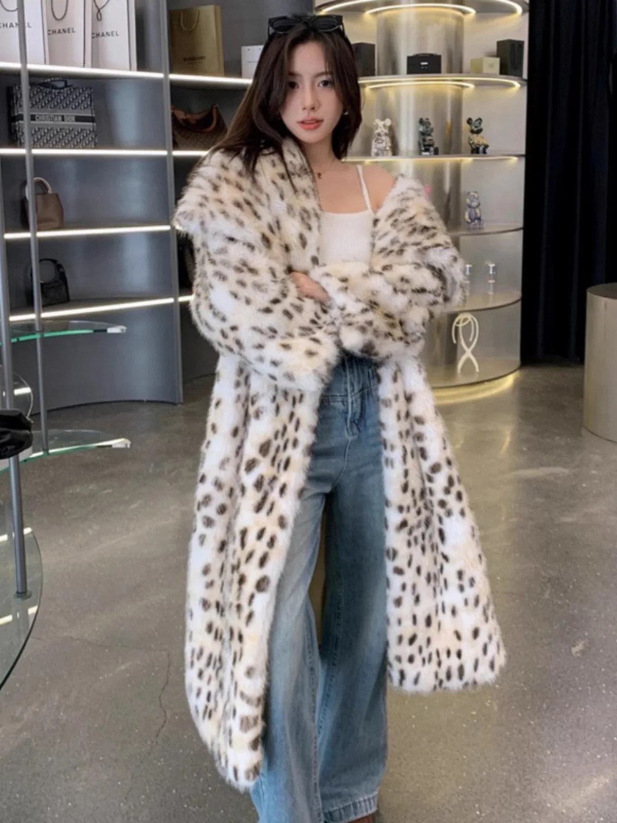 Leopard Print Imitation Fur Coat Women\'s Large Lapel Loose Imitation Fox Fur Coat Autumn and Winter Thickened Long Mink Fur Coat