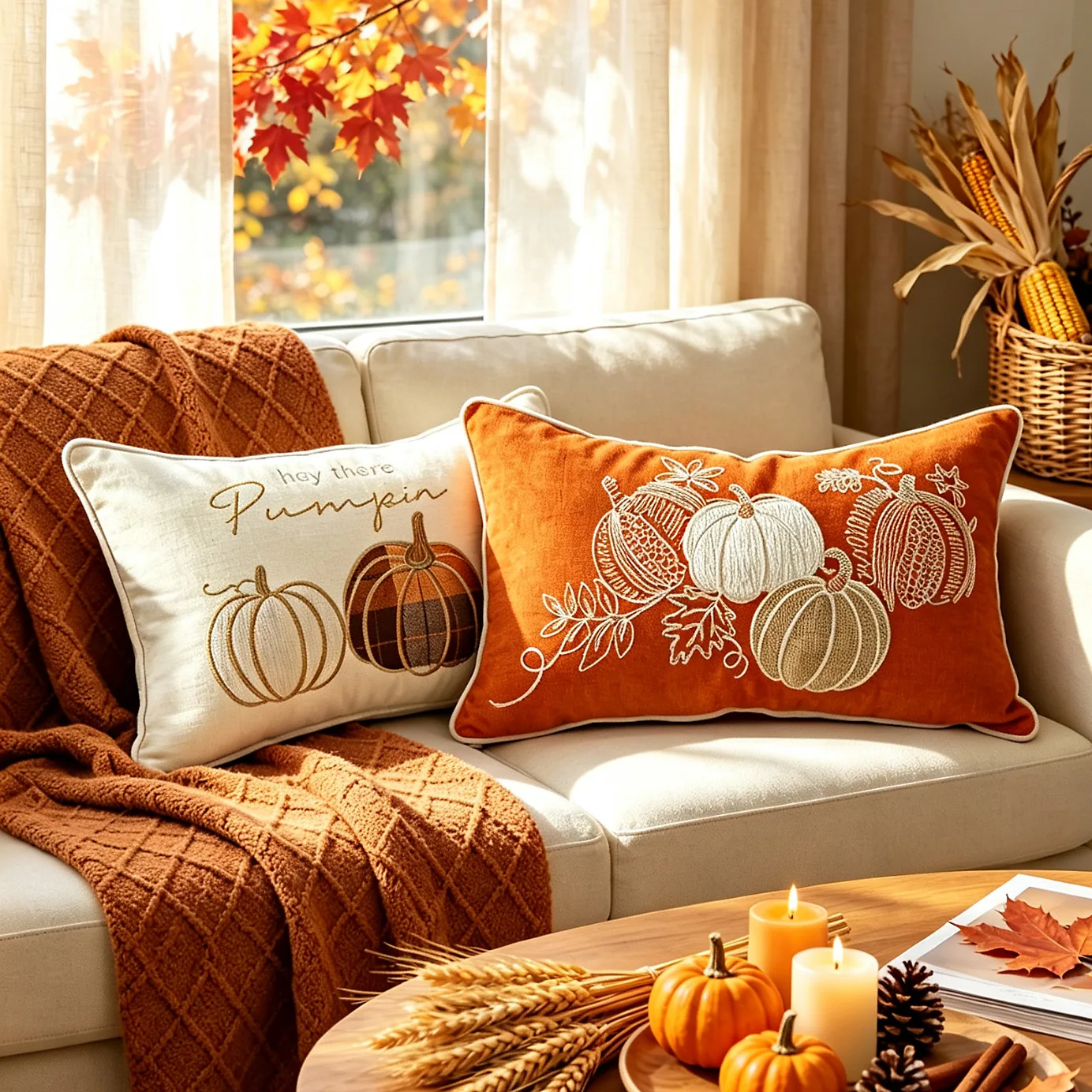 Autumn Embroidered Hello Fall Pumpkin Throw Pillow Covers Cozy Home Decor Cushion Cases for Sofa Living Room Seasonal Accents