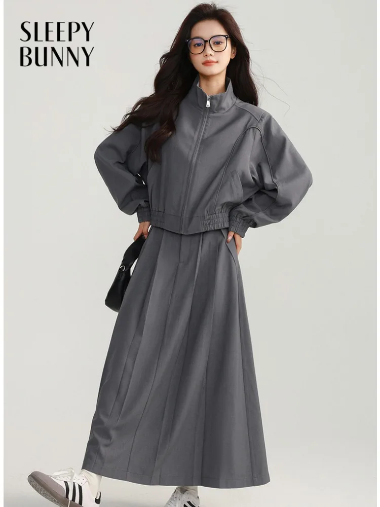 

Chic Gray Two Piece Set Cropped Blazer Jacket and Pleated Mini Skirt Korean Style Autumn Outfit Elegant Casual Matching Set