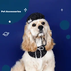 2024 New Handmade Woven Pearl Bow Pet Beret Hat with Collar, Princess Style for Cats and Dogs