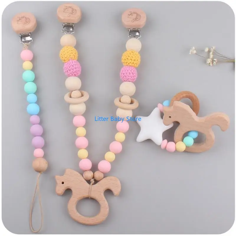 

N80C 3 Pcs/Set Baby Stroller Pendants Pacifier Chain Pram Clip with Silicone Beads Infants Wooden Teether Bracelet Rattle