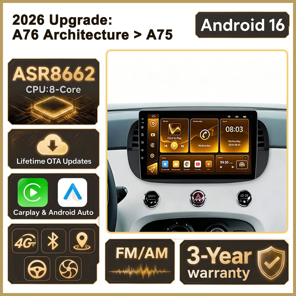 Cortex-A76 Octa-Core Android 16 Car GPS For Fiat 500 2007 - 2015 Car Radio GPS Multimedia Player Dash Cam High-performance Wifi