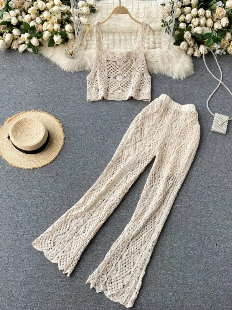 

Women Summer Sexy Sleeveless Hollow Out Knitted Short Strap Tops Long Flare Pants Two Piece Suits Boho Beach Clothing