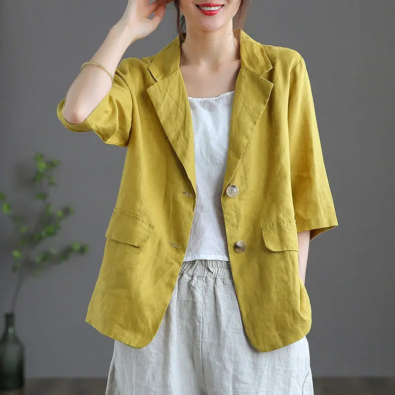 Blazer de lino y algodón para mujer, prenda de vestir de Color liso, estilo Retro, literario, artístico, versátil, informal, manga 2023, Z1417, 3/4