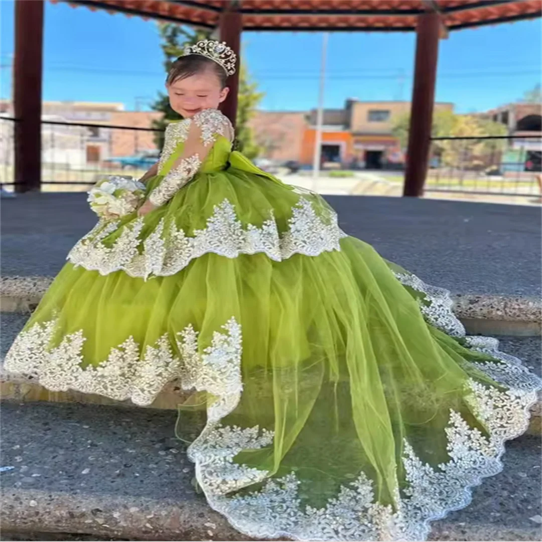 Meninas rendas manga vestidos da menina de flor com trem crianças tule em camadas pageant vestido cetim arco comunhão vestidos festa casamento