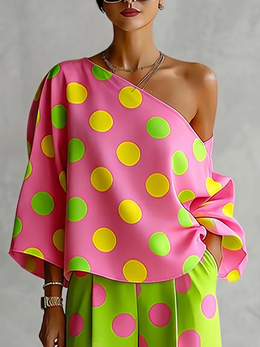 Missuoo Women's Polka Dot 2 Piece Set Pink One-shoulder Shirt Top and Green Wide Leg Pants 2026 Stylish Casual Pant Sets view 2