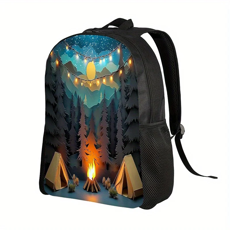 Lightweight Backpack Featuring a 2D Flat Print of a Forest Camping Scene, Equipped with Adjustable Shoulder Straps