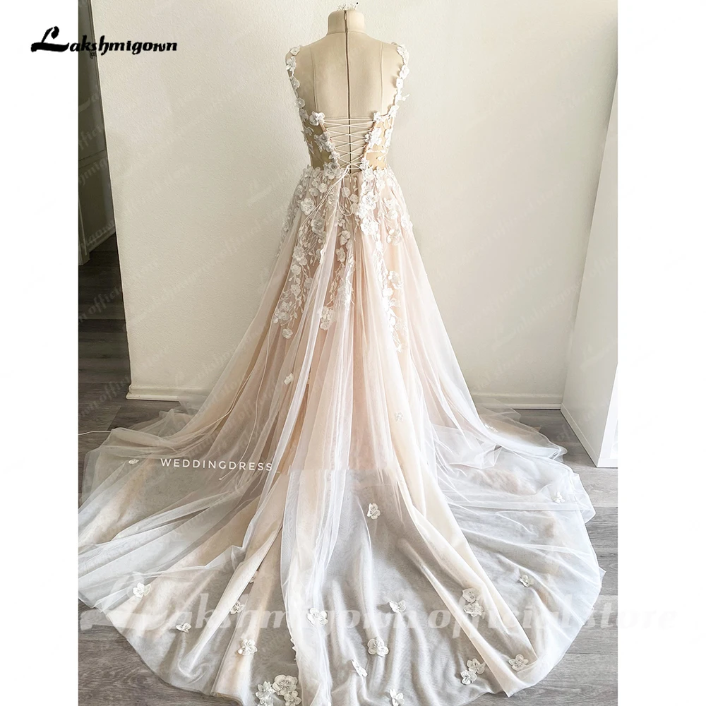 Lakshmigown Light Champagne Wedding Dresses 3D Flowers Spathetti Straps A Line Wedding Gown Beach Customized Wedding Gowns